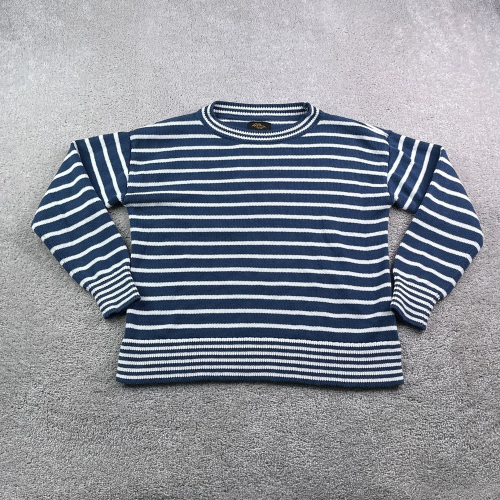 LL Bean Sweater Womens Medium Blue White Striped Organic Cotton Crewneck Coastal